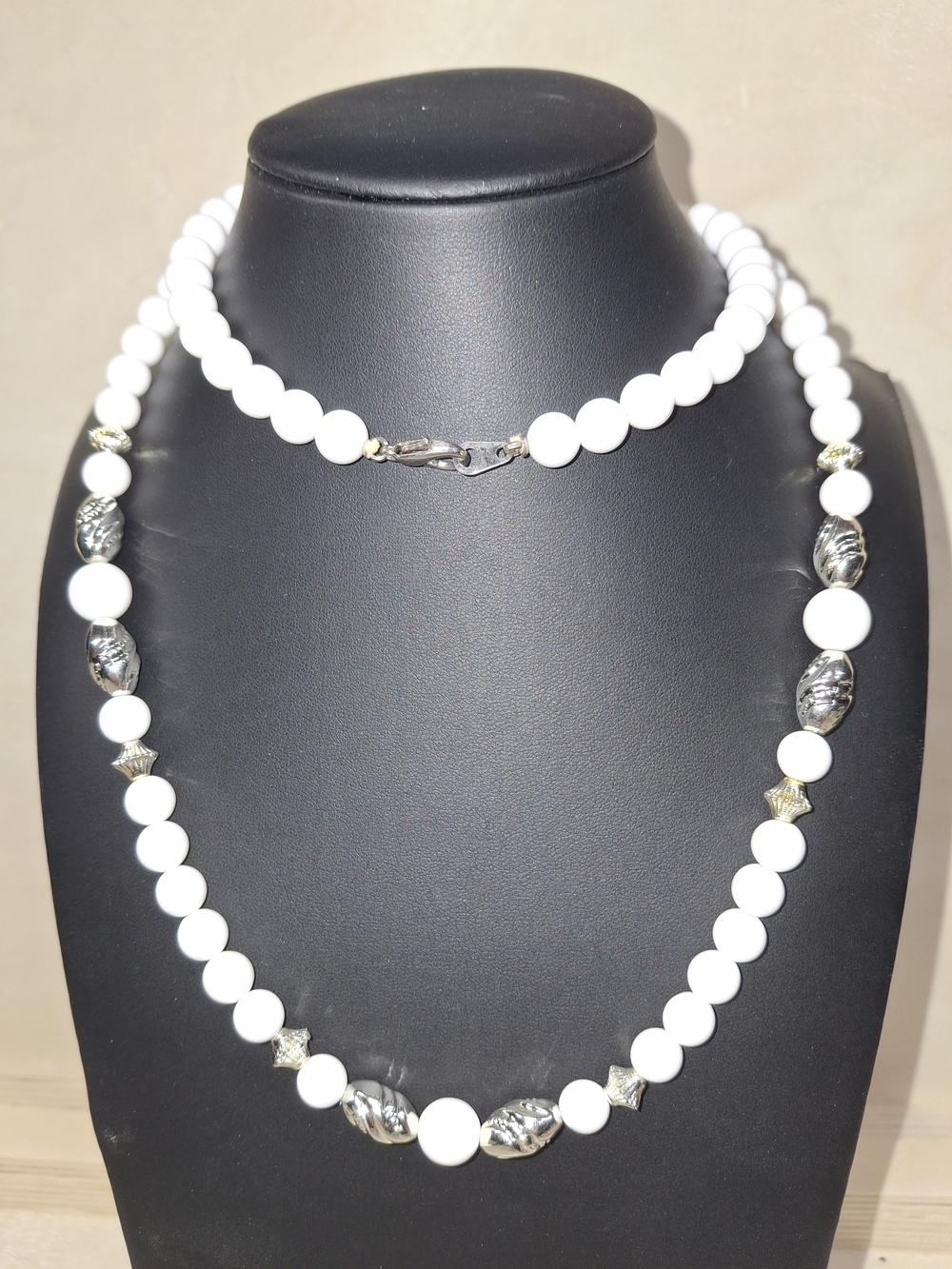 White Acrylic Beaded Necklace with Silver Accents - Women Jewelry